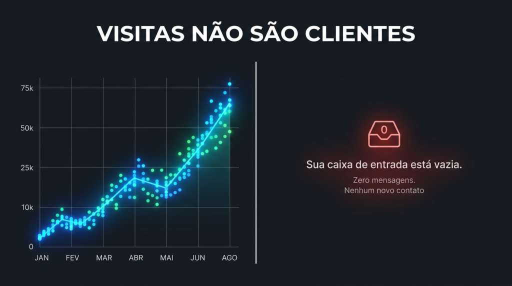 Gráfico mostrando site com visitas mas sem conversão em clientes, erros de comunicação
